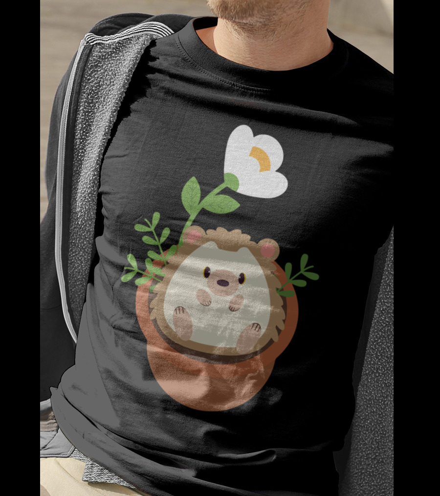 Cute Hedgehog Sitting In Flowering Plant Pot T-Shirt