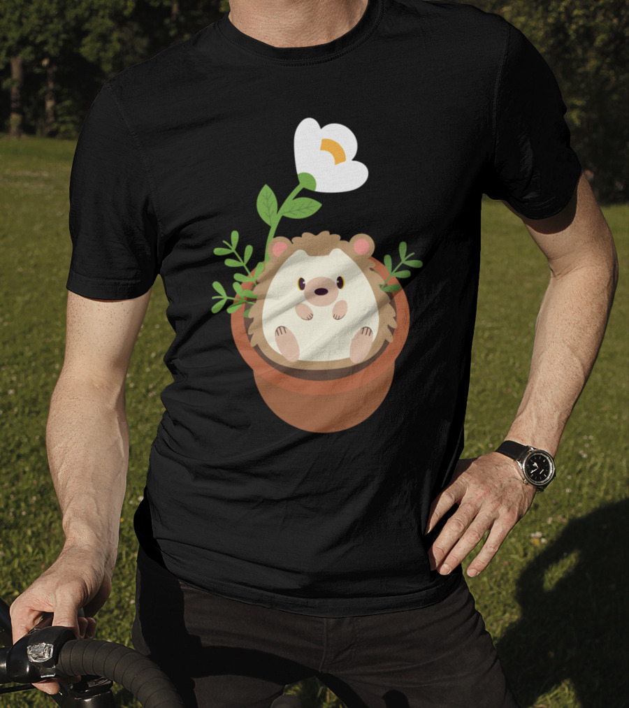 Cute Hedgehog Sitting In Flowering Plant Pot T-Shirt