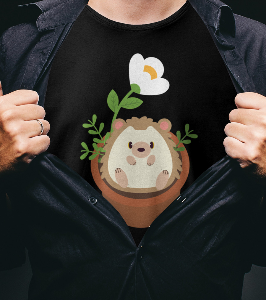 Cute Hedgehog Sitting In Flowering Plant Pot T-Shirt