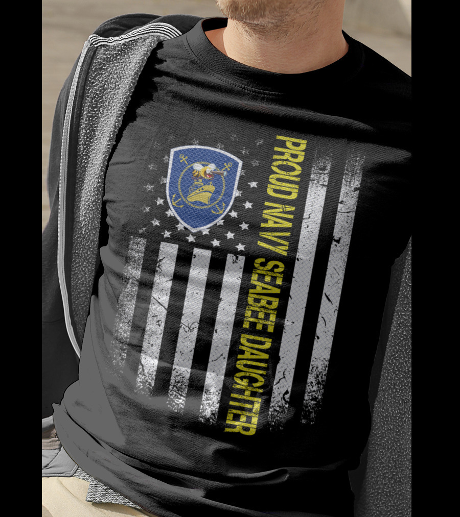 Proud Navy Seabee Daughter Black And White American Flag With Seabee Emblem T-Shirt