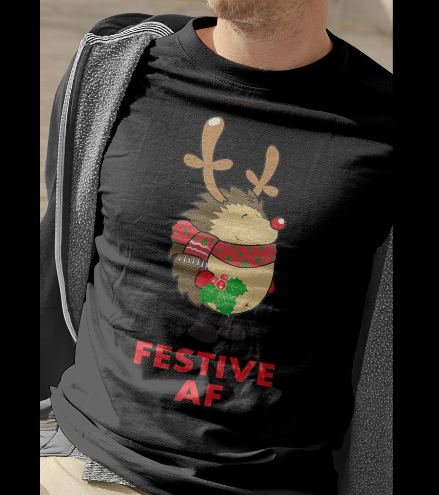 Festive AF Christmas Hedgehog With Scarf And Antlers T-Shirt