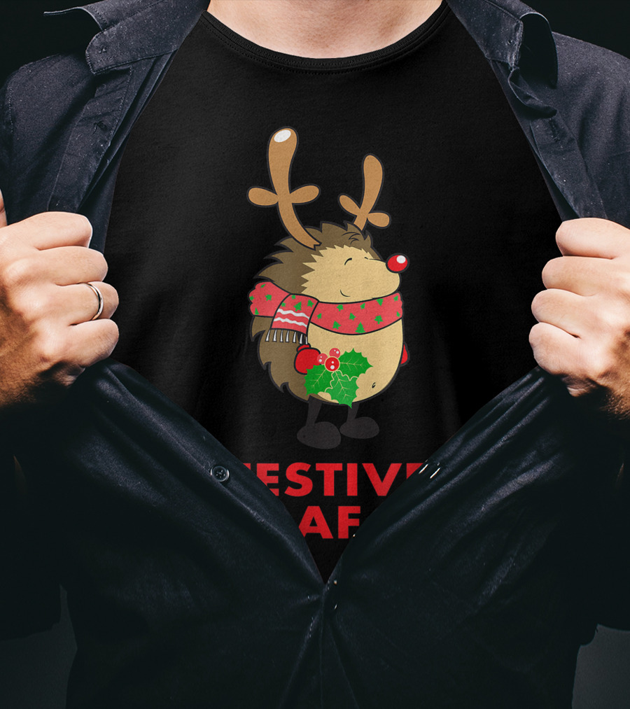 Festive AF Christmas Hedgehog With Scarf And Antlers T-Shirt