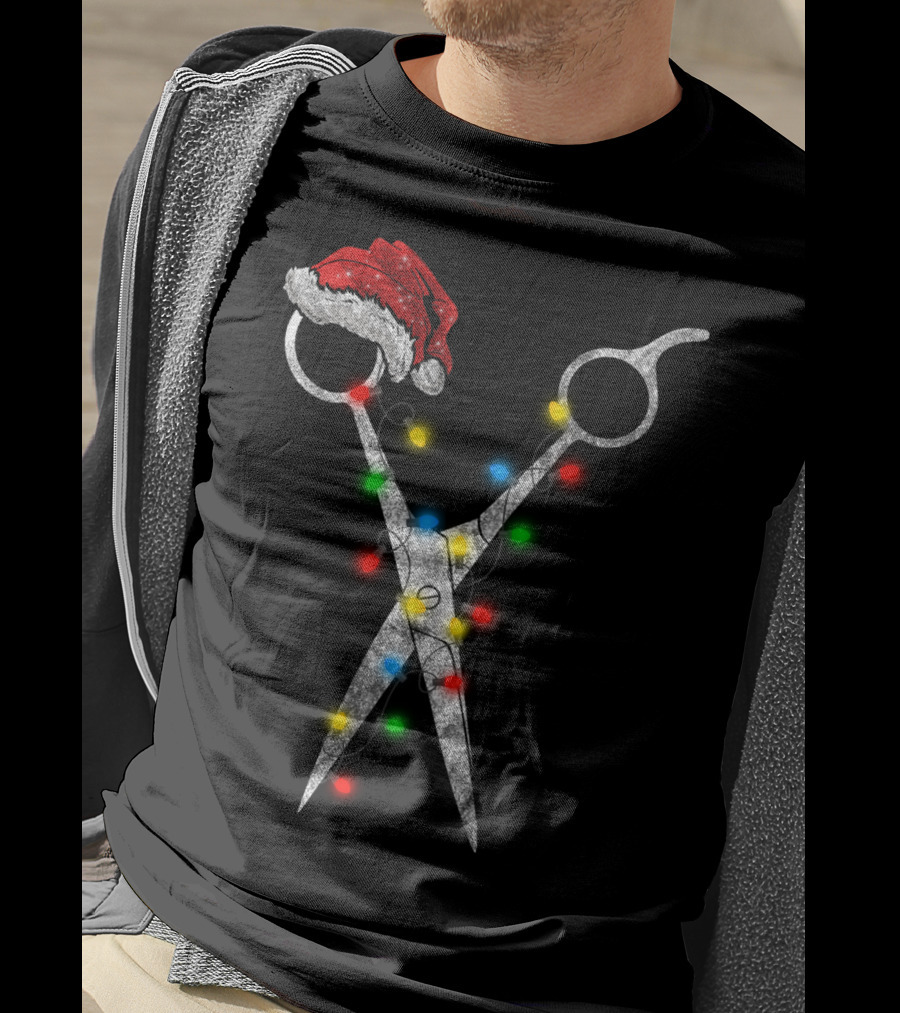 Funny Christmas Scissor Hairstylist Santa Hat Lights T-Shirt