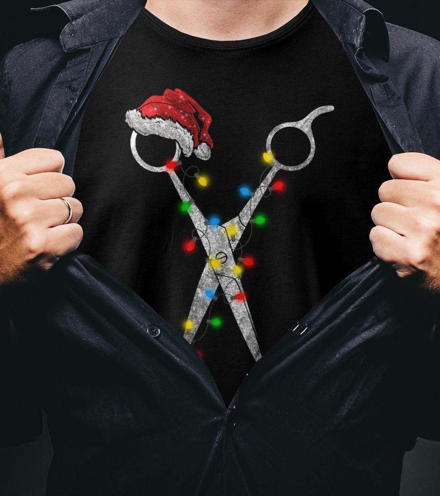 Funny Christmas Scissor Hairstylist Santa Hat Lights T-Shirt