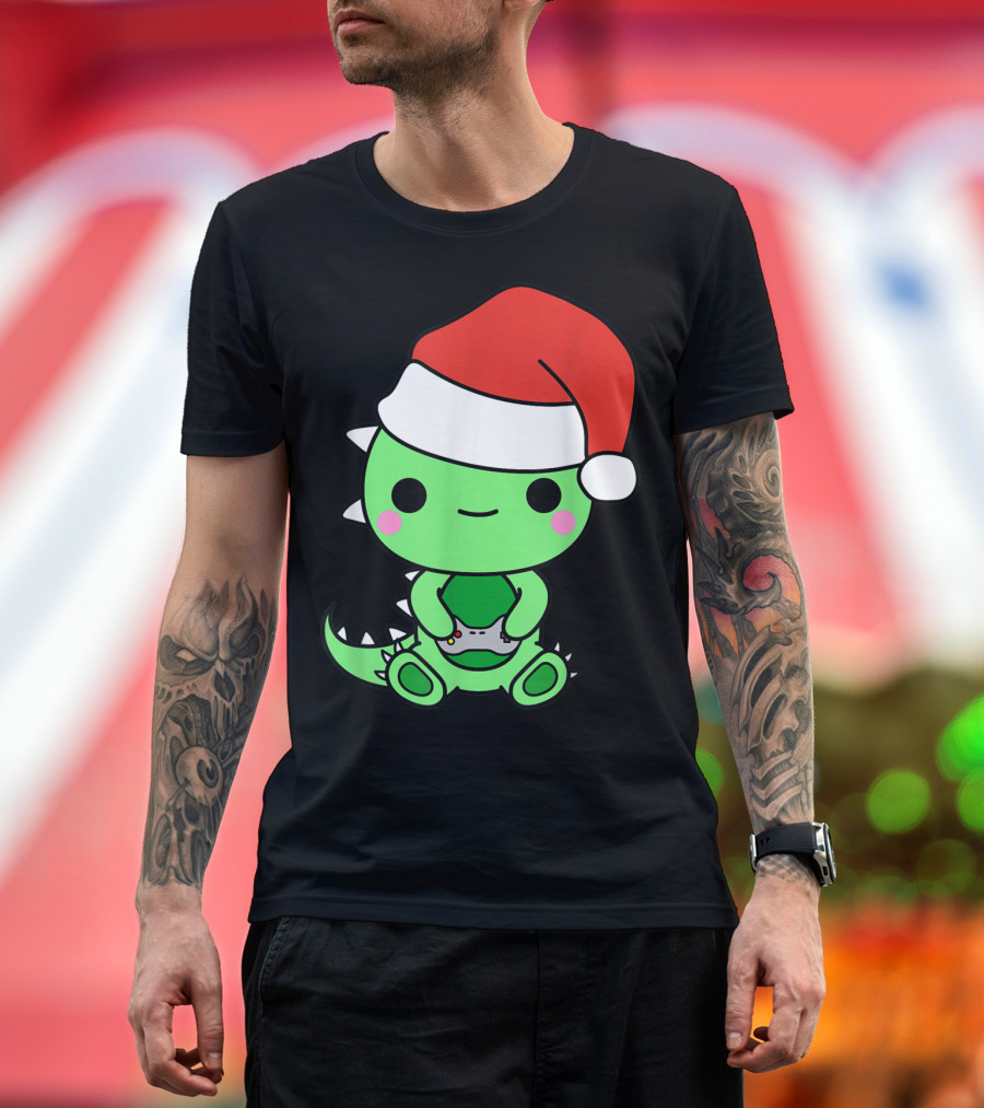 Christmas Gaming Dinosaur Santa Gamer Nerd T-Shirt