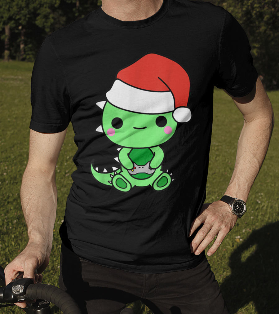 Christmas Gaming Dinosaur Santa Gamer Nerd T-Shirt
