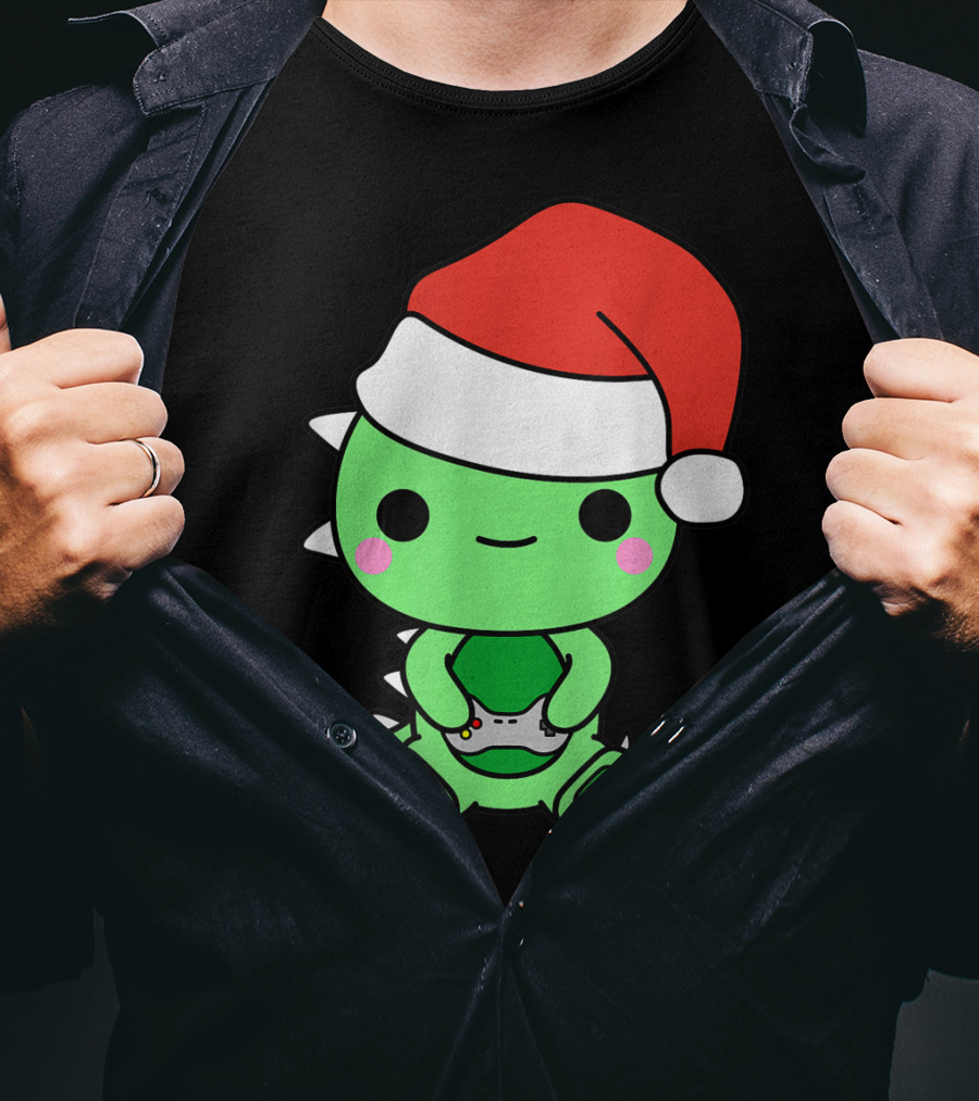 Christmas Gaming Dinosaur Santa Gamer Nerd T-Shirt