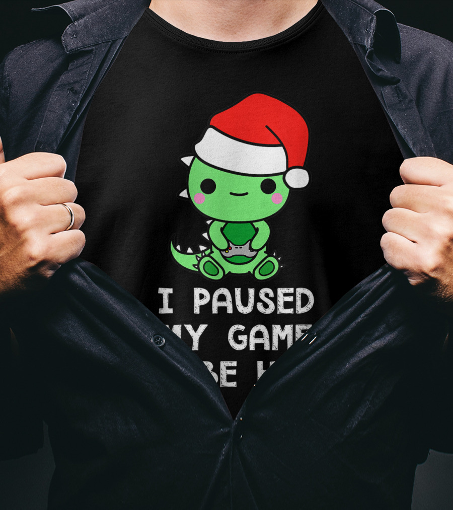 I Paused My Game To Be Here Christmas Dinosaur Gamer Santa Hat T-Shirt