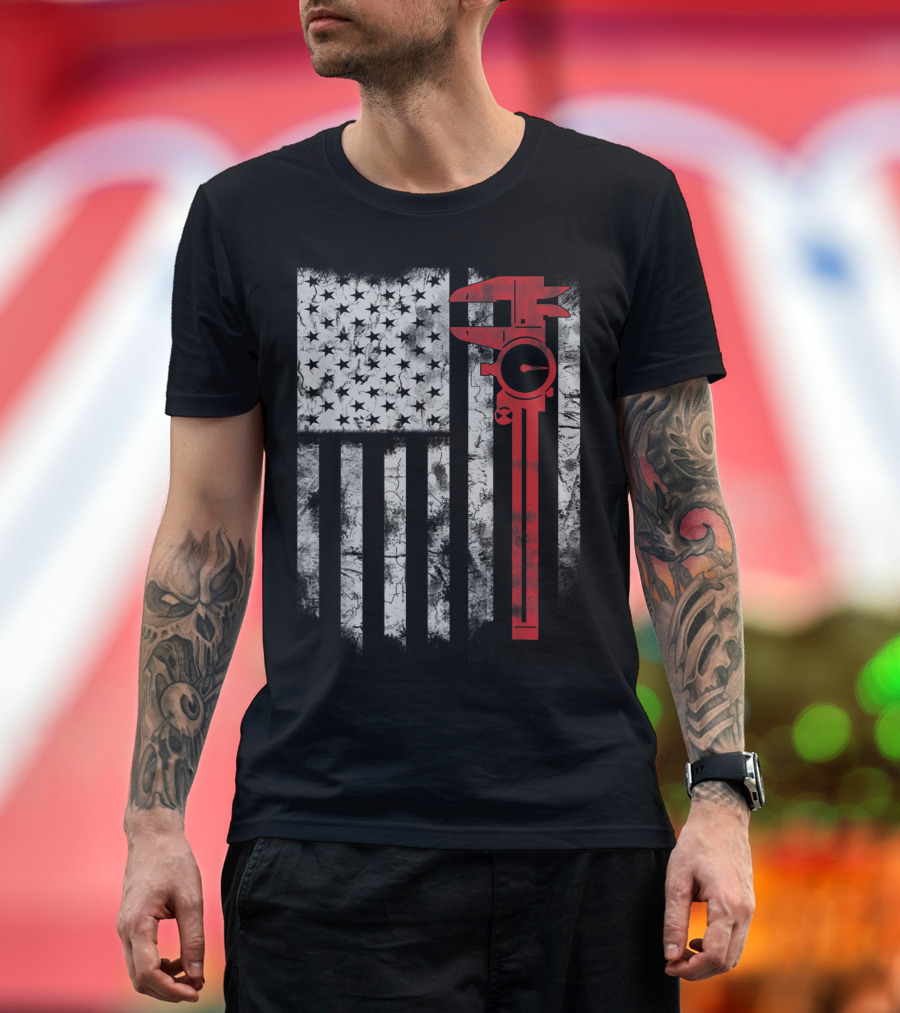 American Flag with Red Caliper for CNC Machinists T-Shirt