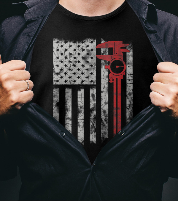 American Flag With Red Caliper For CNC Machinists T-Shirt