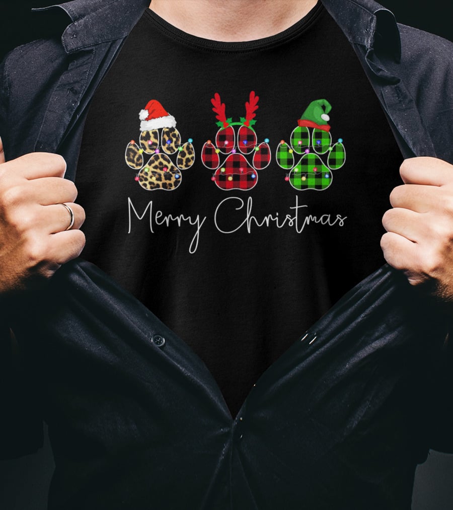 Merry Christmas Paw Dogs With Santa Hat Reindeer Antlers And Elf Hat T-Shirt