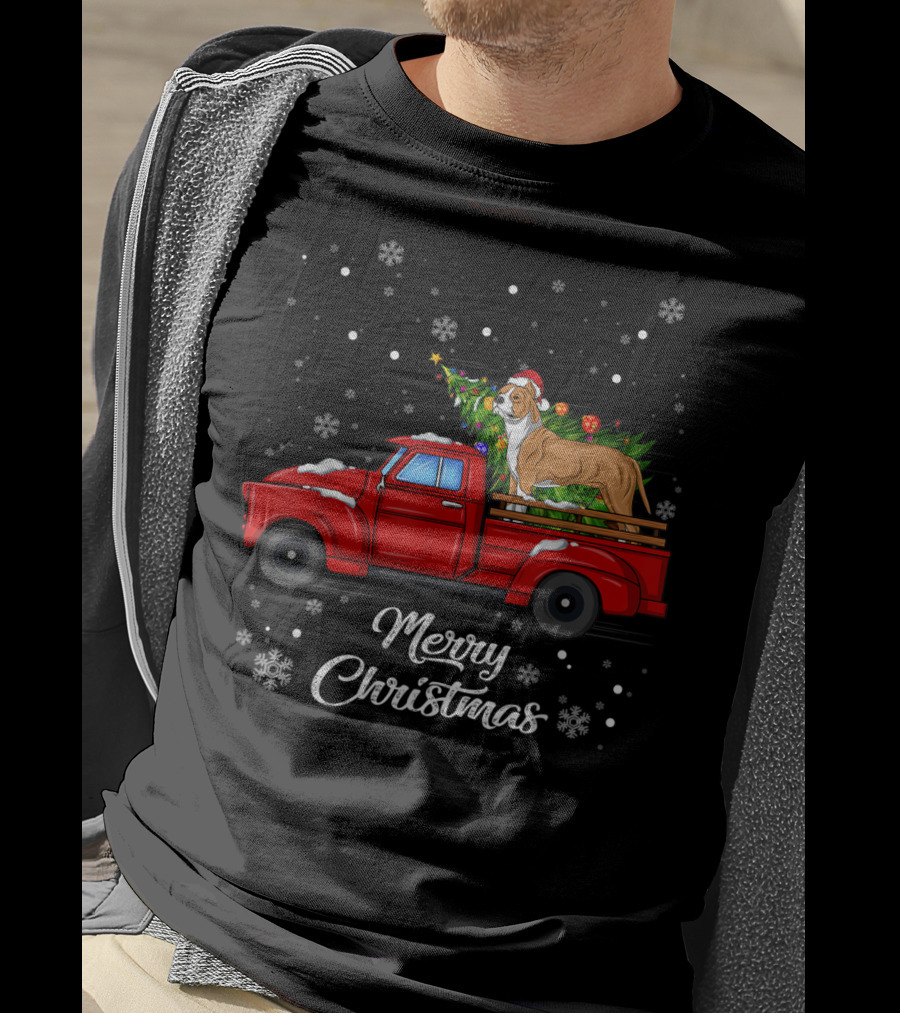 Merry Christmas Pitbull In Red Truck With Christmas Tree And Snowflakes T-Shirt