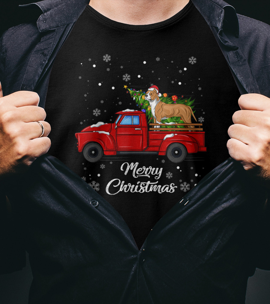 Merry Christmas Pitbull In Red Truck With Christmas Tree And Snowflakes T-Shirt