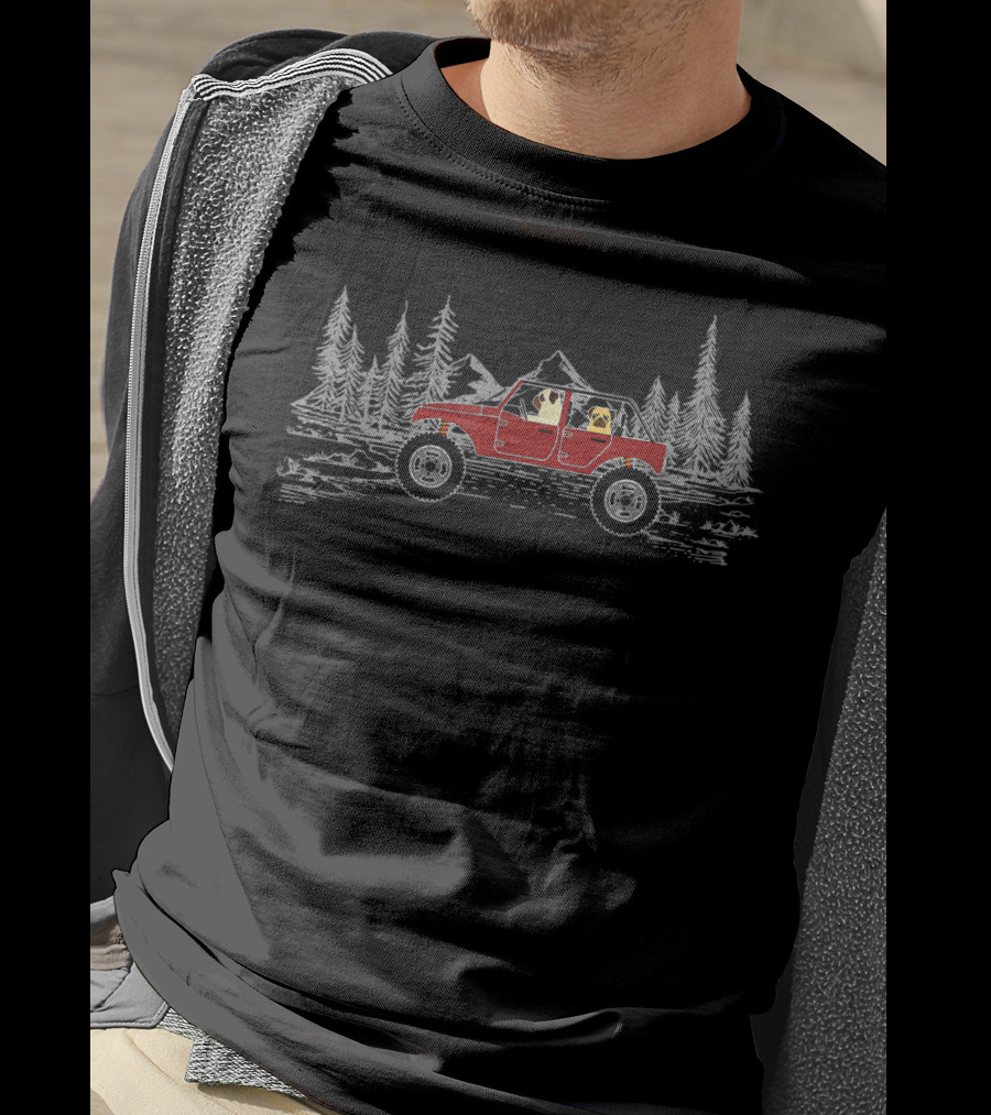 Pugs In A Truck Off-Road Adventure With Funny Pug Dog In Forest Scene T-Shirt