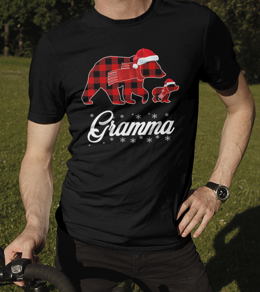 Gramma Bear Red Plaid Buffalo Check Santa Hat Snowflakes T-Shirt