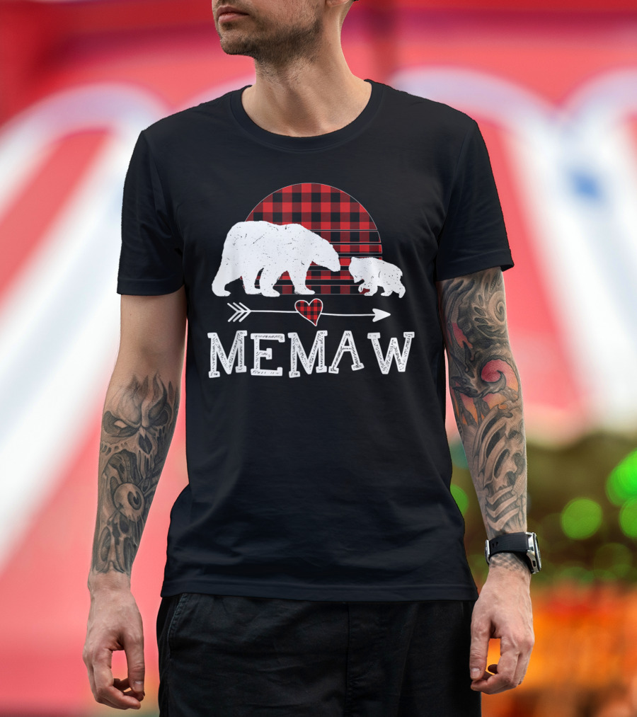 Memaw Bear with Red Plaid Buffalo Check and Heart Arrow T-Shirt