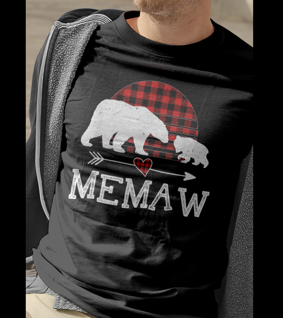 Memaw Bear With Red Plaid Buffalo Check And Heart Arrow T-Shirt