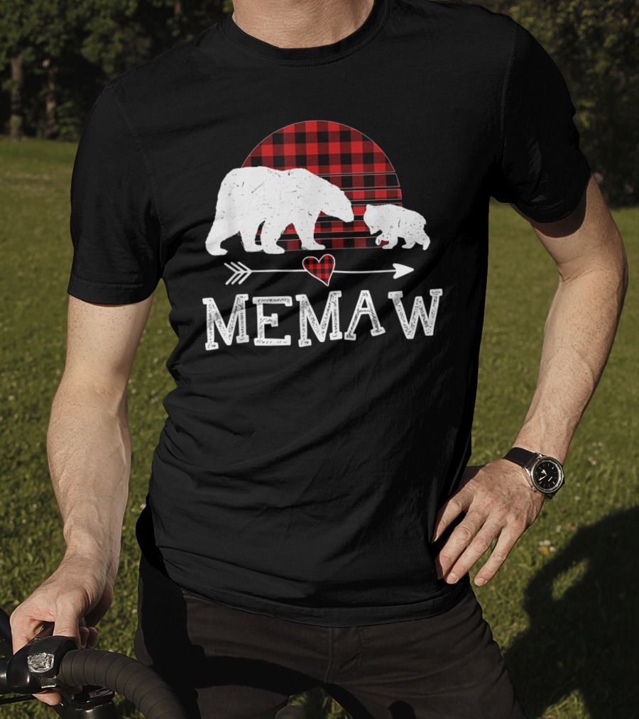 Memaw Bear With Red Plaid Buffalo Check And Heart Arrow T-Shirt