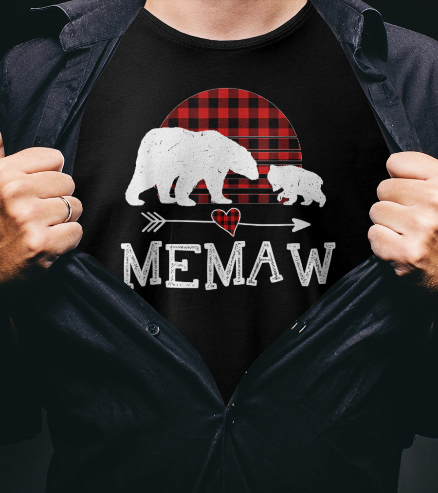 Memaw Bear With Red Plaid Buffalo Check And Heart Arrow T-Shirt