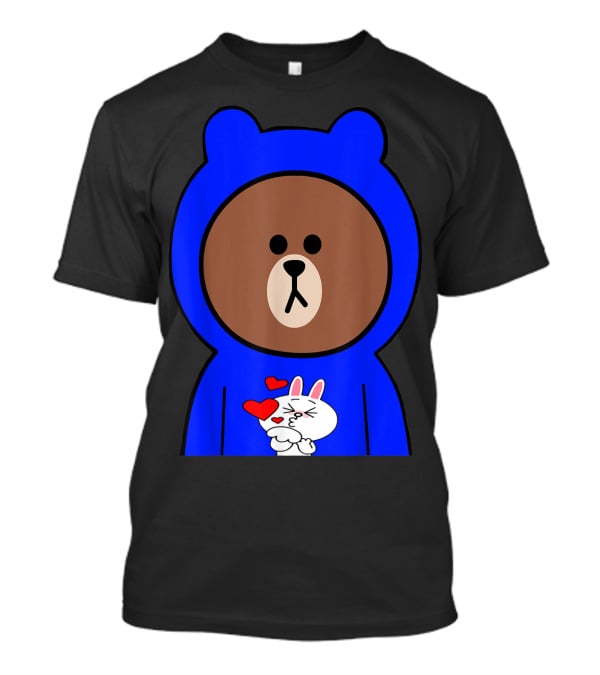 Brown Bear In Blue Hoodie With Cony Bunny Love Hearts T-Shirt