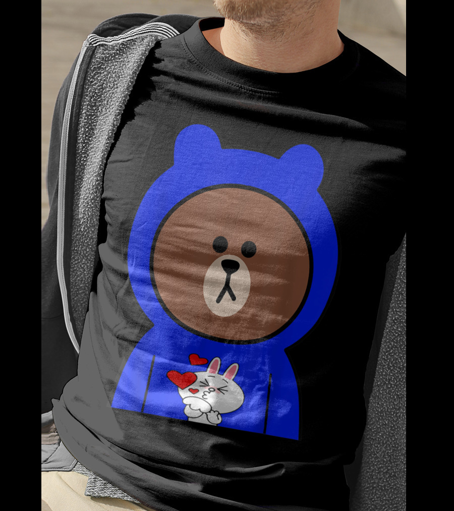 Brown Bear In Blue Hoodie With Cony Bunny Love Hearts T-Shirt