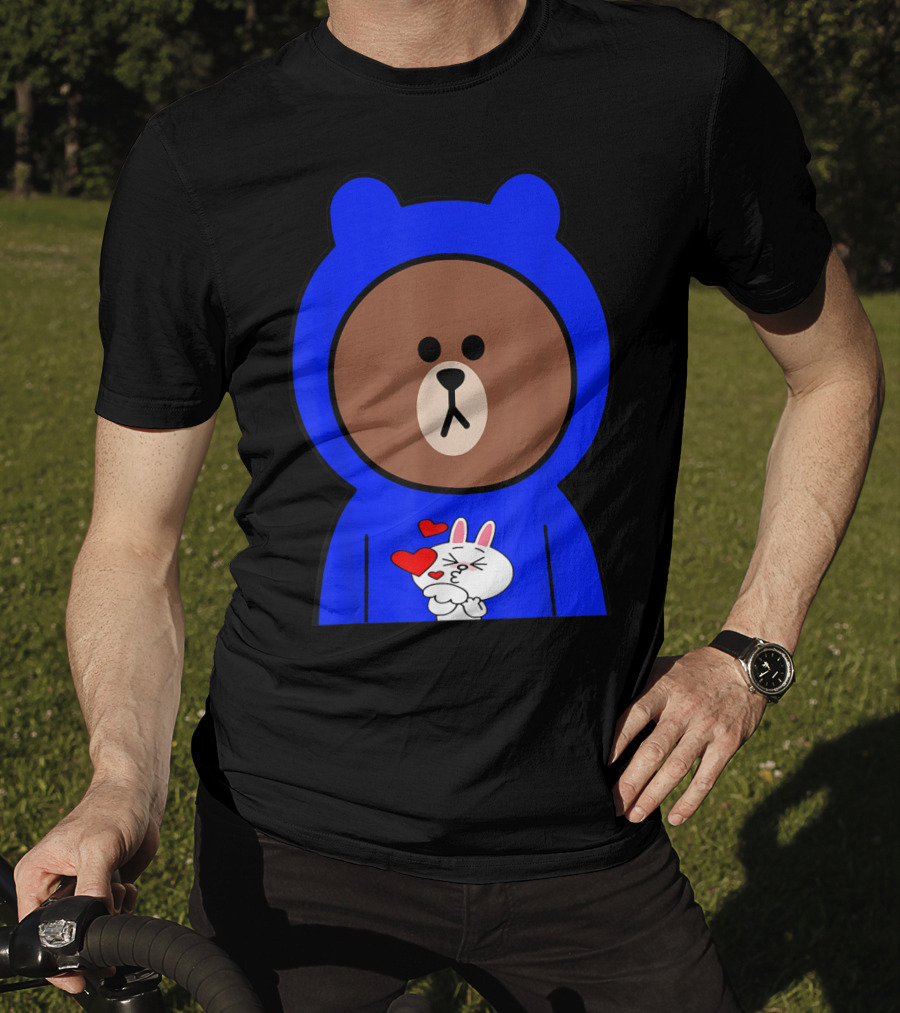 Brown Bear In Blue Hoodie With Cony Bunny Love Hearts T-Shirt