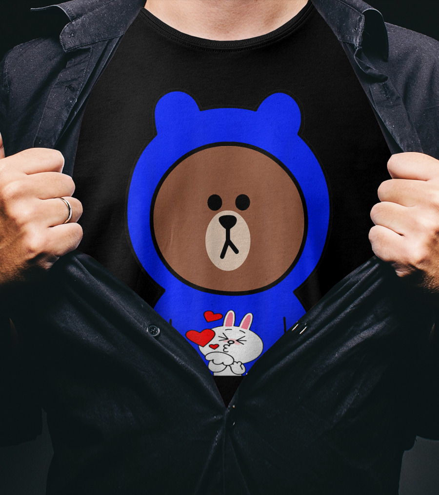 Brown Bear In Blue Hoodie With Cony Bunny Love Hearts T-Shirt