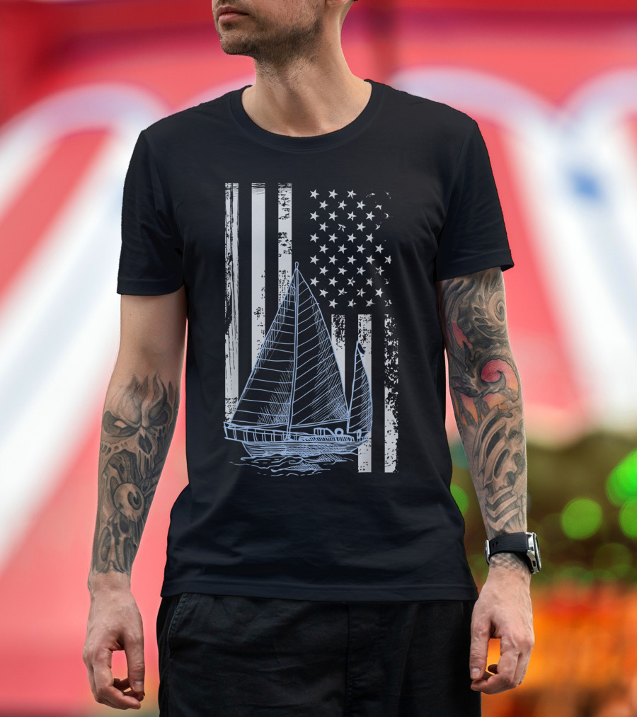 Fun Vintage Sailboat with American Flag Elements T-Shirt