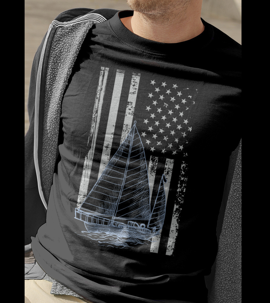 Fun Vintage Sailboat With American Flag Elements T-Shirt