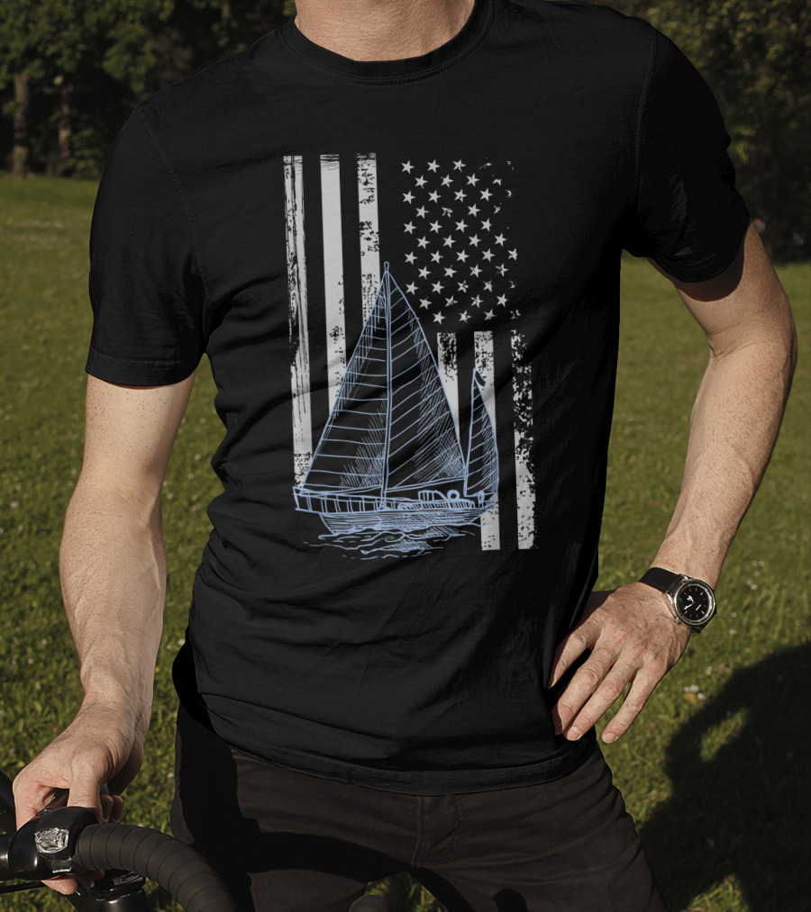 Fun Vintage Sailboat With American Flag Elements T-Shirt