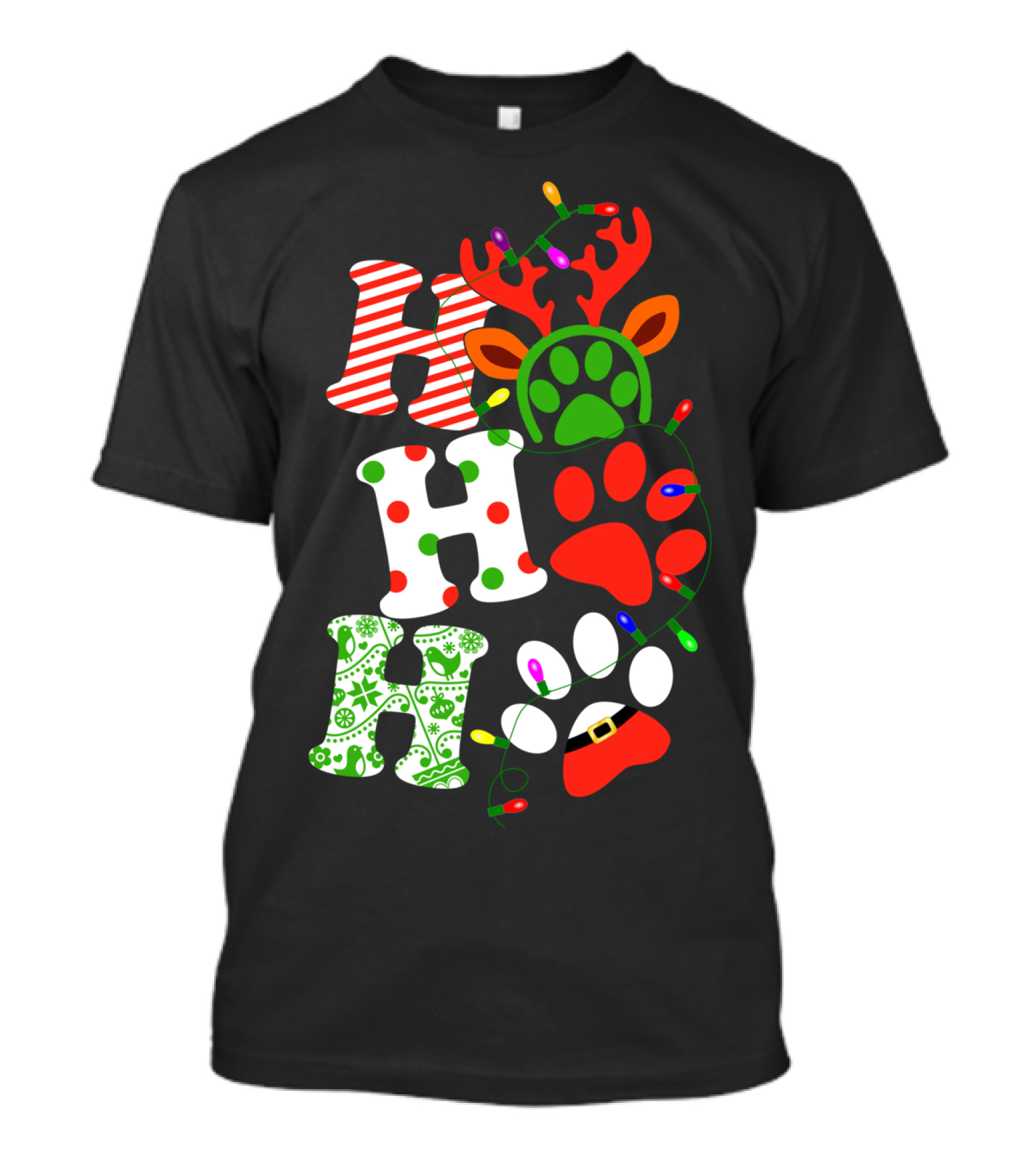 Ho Ho Ho Christmas Dog Paw Santa Lights Reindeer Antlers T-Shirt