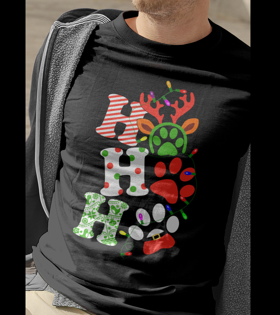 Ho Ho Ho Christmas Dog Paw Santa Lights Reindeer Antlers T-Shirt