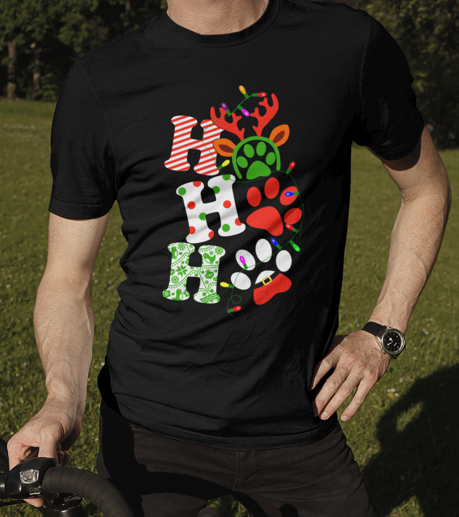 Ho Ho Ho Christmas Dog Paw Santa Lights Reindeer Antlers T-Shirt
