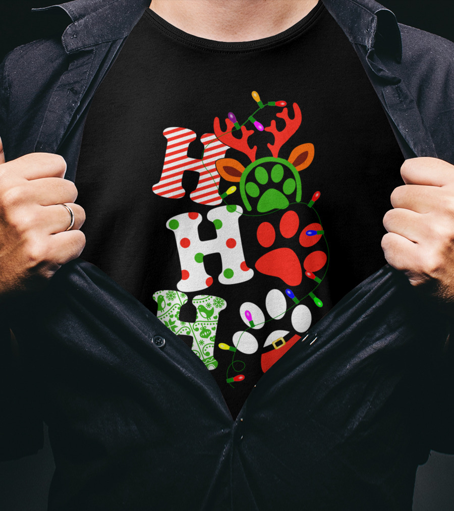 Ho Ho Ho Christmas Dog Paw Santa Lights Reindeer Antlers T-Shirt
