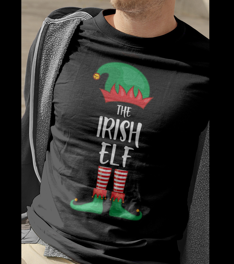 The Irish Elf Christmas Party Holiday Outfits With Green Hat And Striped Pants T-Shirt