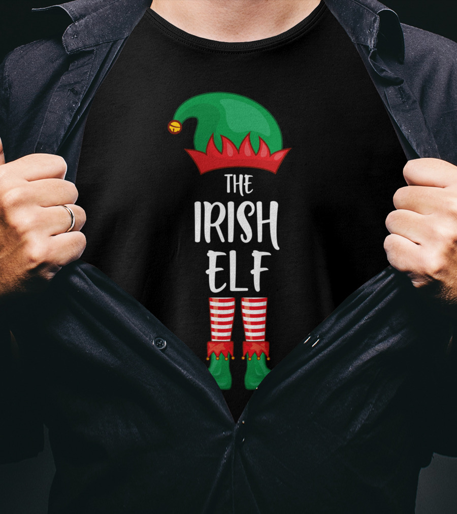 The Irish Elf Christmas Party Holiday Outfits With Green Hat And Striped Pants T-Shirt