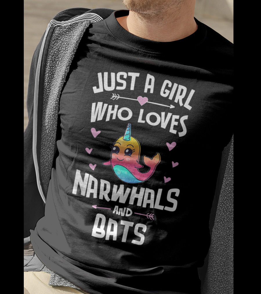 Just A Girl Who Loves Narwhals And Bats Cute Rainbow T-Shirt