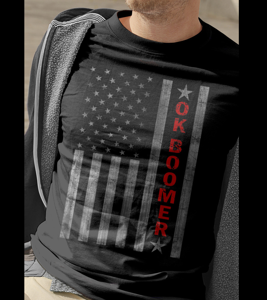 Ok Boomer Vertical Red Text On Distressed American Flag T-Shirt