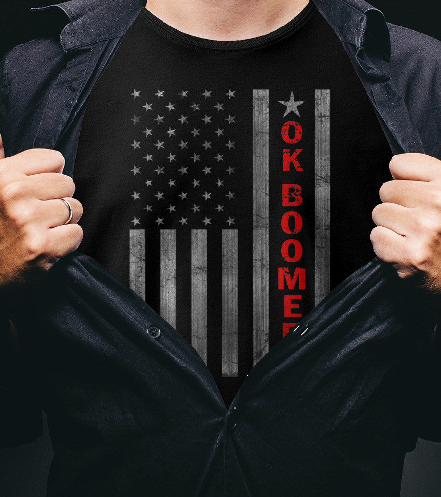 Ok Boomer Vertical Red Text On Distressed American Flag T-Shirt