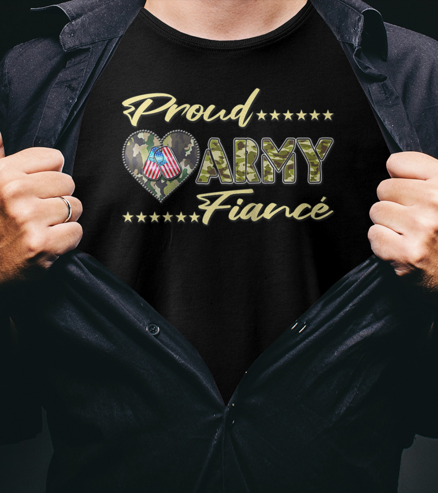 Proud Army Fiancé Camo Heart US Flag Stars T-Shirt