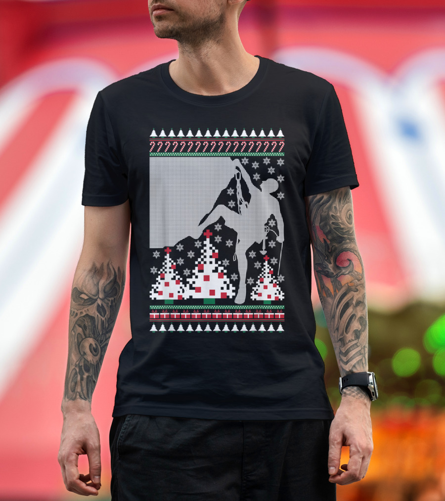 Rock Climbing Ugly Christmas Holiday Tree Pixel T-Shirt
