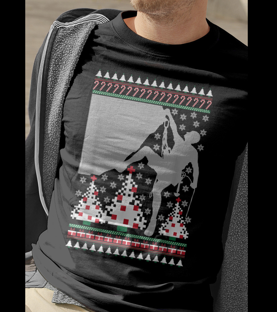 Rock Climbing Ugly Christmas Holiday Tree Pixel T-Shirt