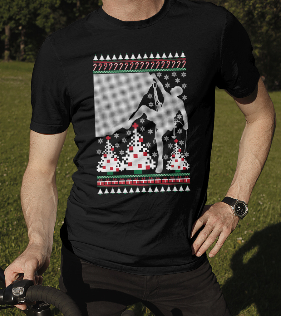 Rock Climbing Ugly Christmas Holiday Tree Pixel T-Shirt