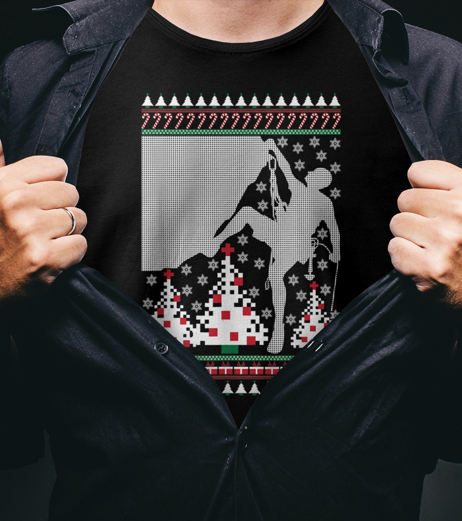 Rock Climbing Ugly Christmas Holiday Tree Pixel T-Shirt