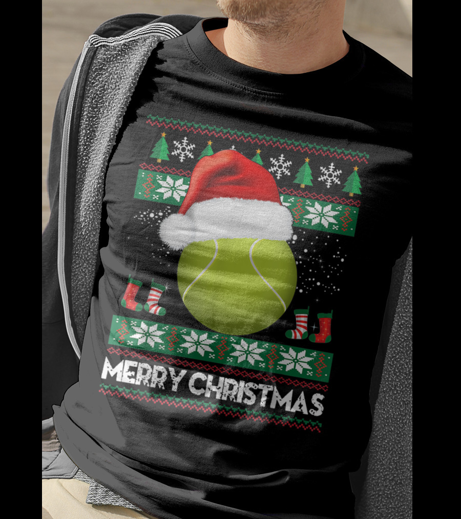 Merry Christmas Santa Hat Tennis Baum Pullover Snowflakes T-Shirt
