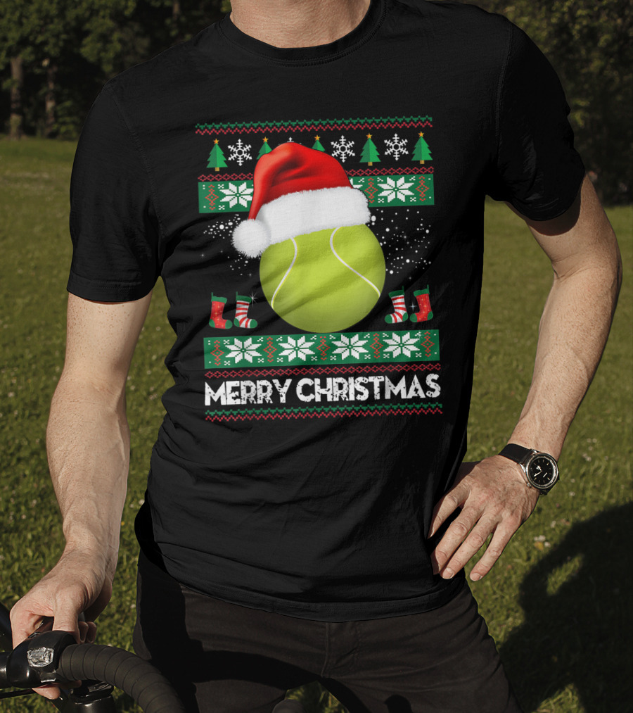 Merry Christmas Santa Hat Tennis Baum Pullover Snowflakes T-Shirt