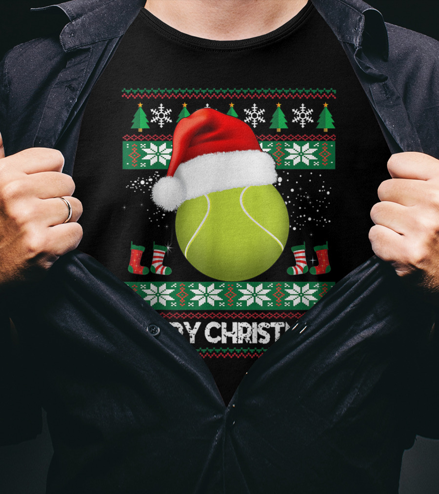 Merry Christmas Santa Hat Tennis Baum Pullover Snowflakes T-Shirt