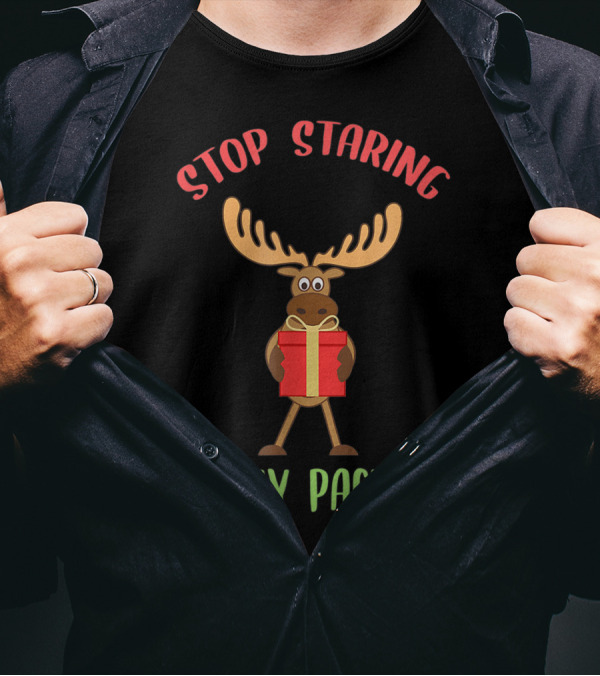 Stop Staring Moose Christmas At My Package T-Shirt