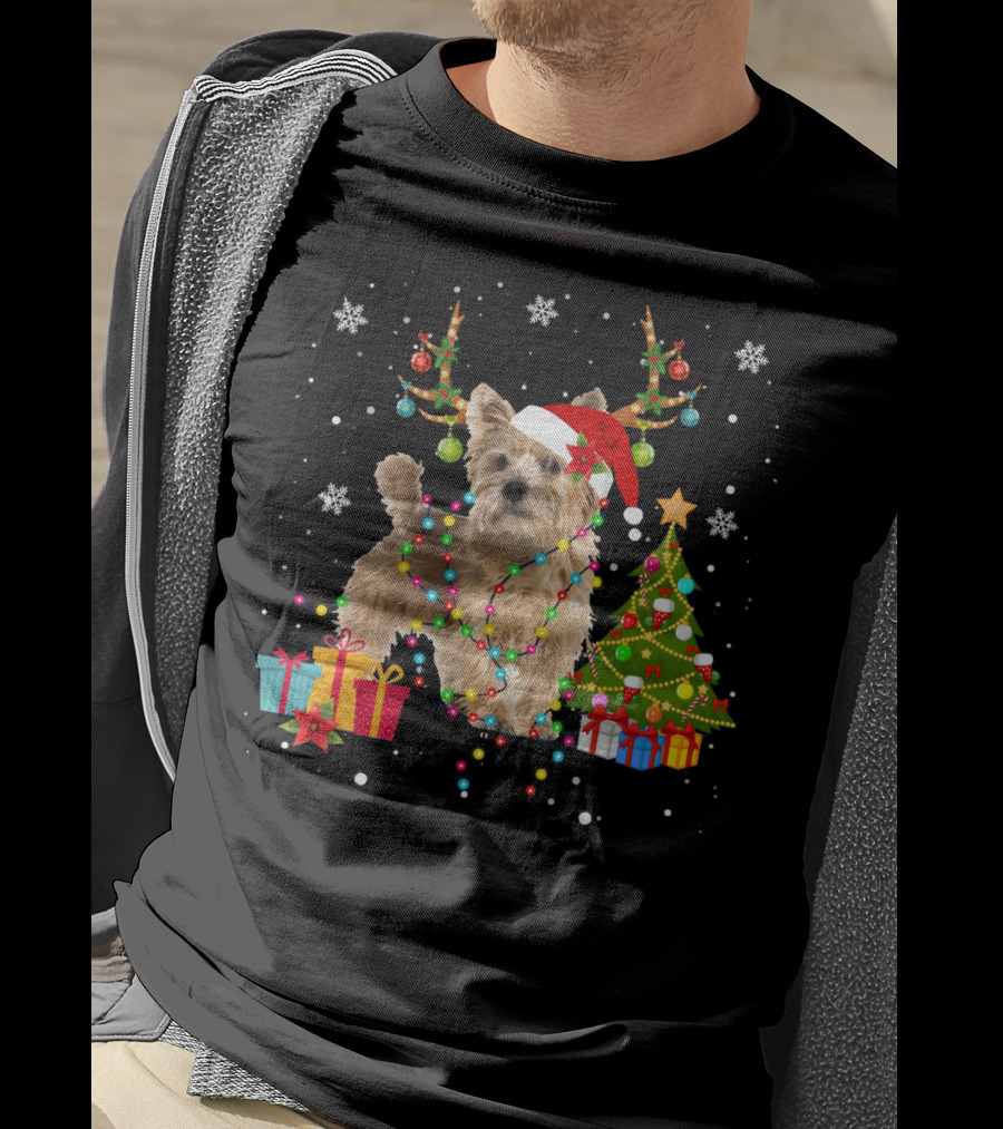 Norwich Terrier Christmas Lights Santa Hat Tree Presents Snowflakes T-Shirt