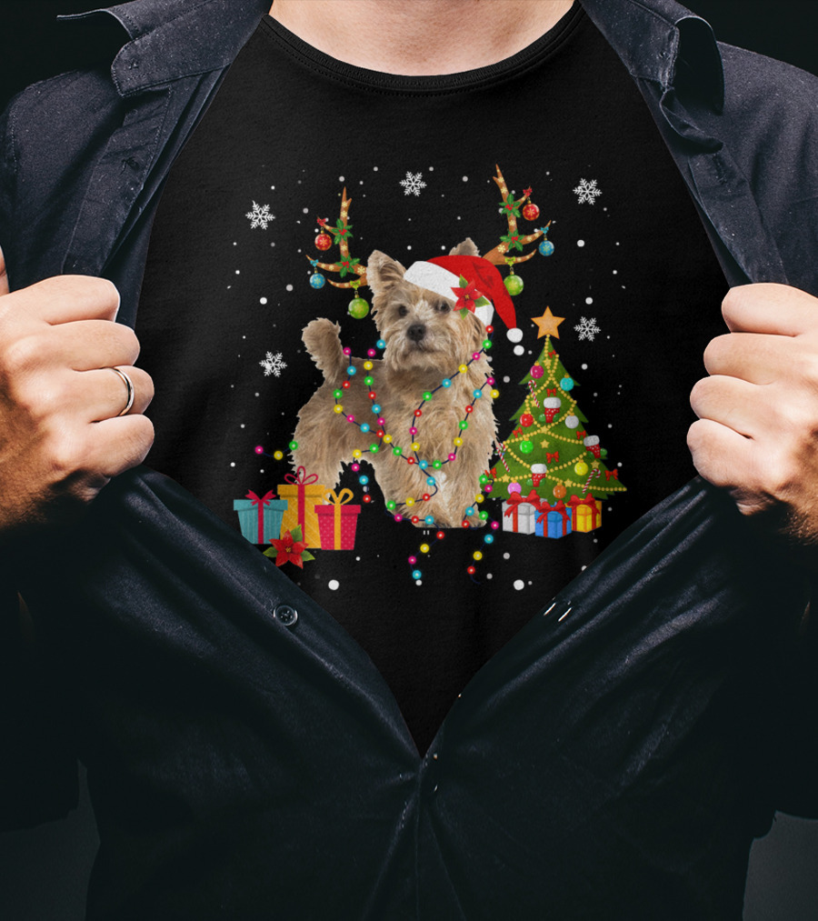 Norwich Terrier Christmas Lights Santa Hat Tree Presents Snowflakes T-Shirt